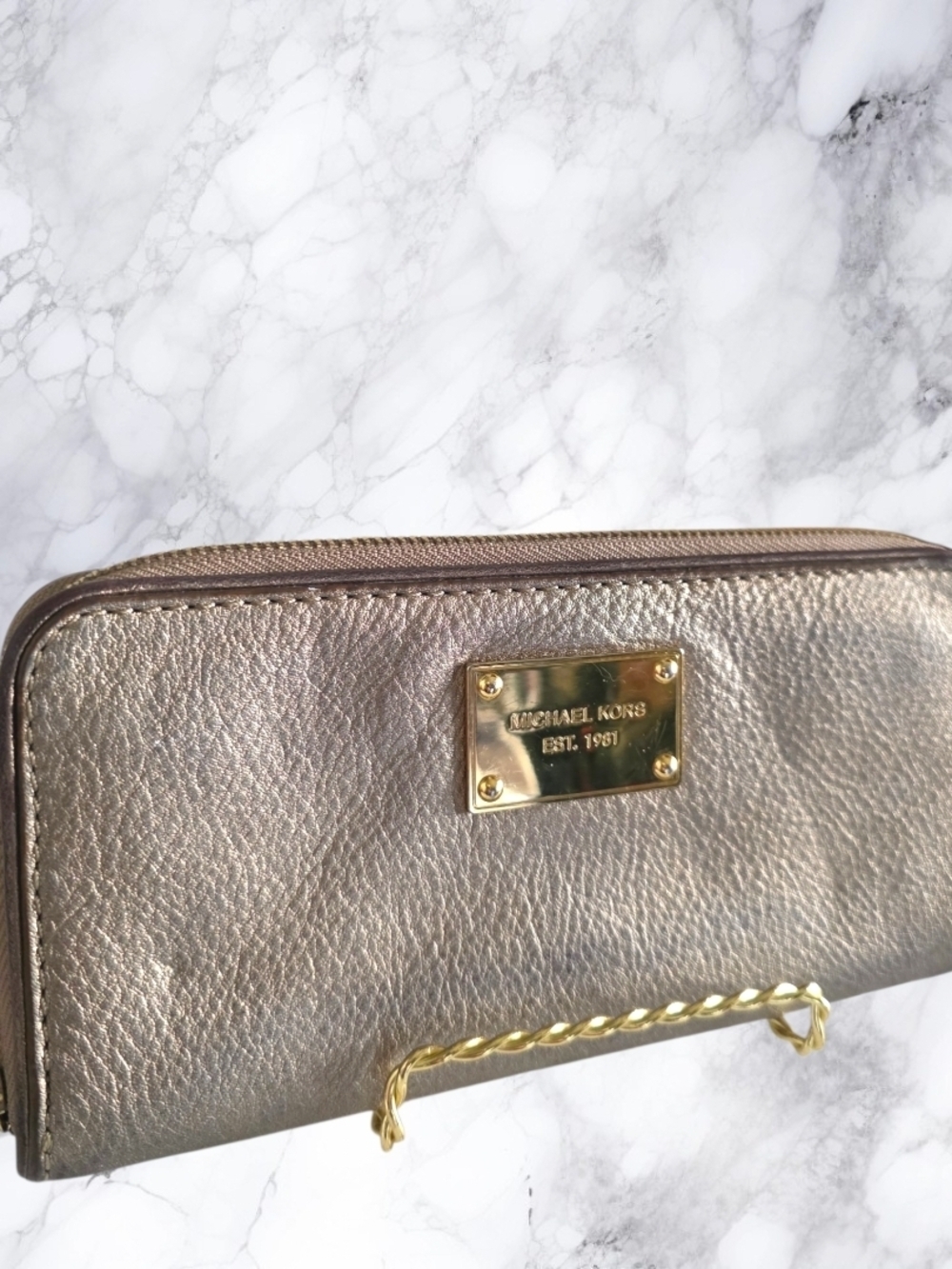 Michael Kors Pewter Metallic Pebbled Leather Large Zip Around Wallet